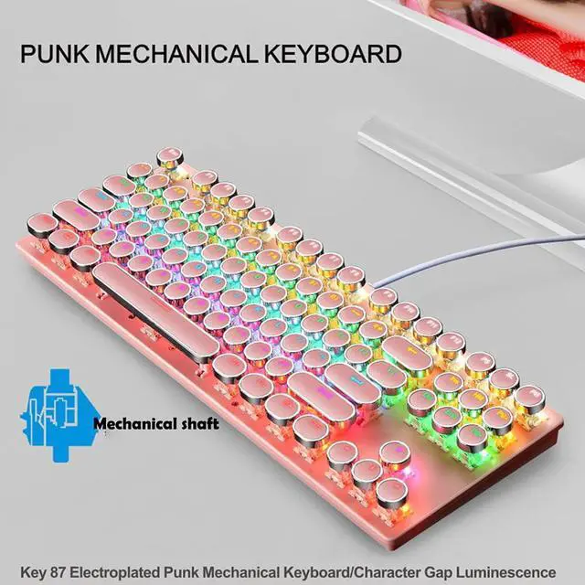 Alt view image 6 of 7 - Mechanical Gaming Pink Keyboard,87 Key Retro Punk Typewriter-Style,Blue Switch RGB Backlit Keyboard,Anti-Ghosting, USB Wired, for PC Laptop Desktop Computer, for Game and Office