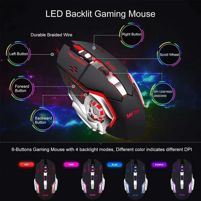 Alt view image 7 of 7 - MFTEK One Hand Gaming Keyboard and Mouse Combo, RGB Rainbow Backlit One-Handed Mechanical Feeling Keyboard with Wrist Rest Support, USB Wired Keyboard Mouse and Mouse Pad Set for PC PS4 Gamer