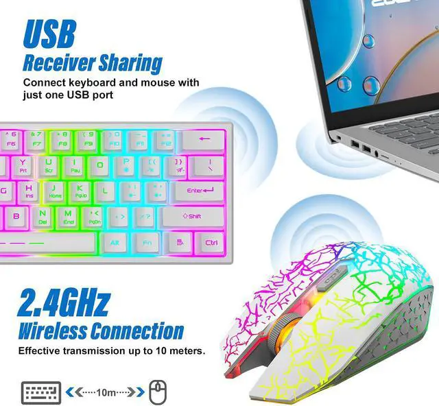 Alt view image 2 of 7 - Wireless Gaming Keyboard and Mouse Combo 61 Key Rainbow Backlit Keyboard with Rechargeable 4000mAh Mechanical Feel Ergonomic Quiet Waterproof RGB Mute Mice for PS4 Xbox One Desktop PC