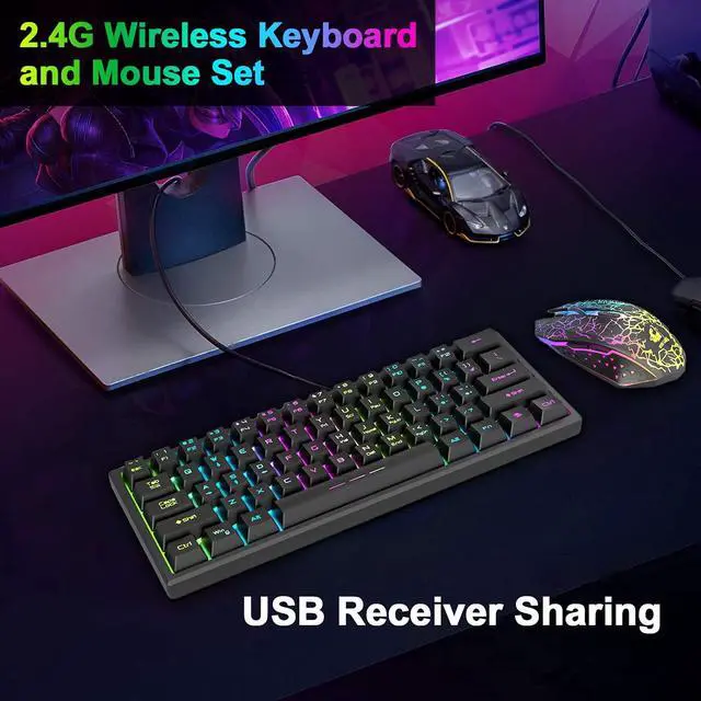 Alt view image 6 of 6 - Wireless Gaming Keyboard and Mouse Combo,61 Key Rainbow Backlit Keyboard with Rechargeable 4000mAh,Mechanical Feel,Ergonomic,Quiet,RGB Mute Mice and Mousepad for PS4,Xbox One,Desktop,PC