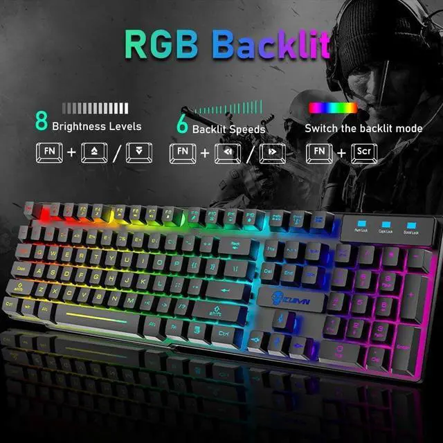 Alt view image 6 of 7 - Gaming Keyboard and Mouse Combo,RGB Rainbow Backlit Keyboard with PC Wired Keyboard+2400DPI 6 Buttons Rainbow LED Gaming Mouse+Mouse Pads for PC PS4 (Black)