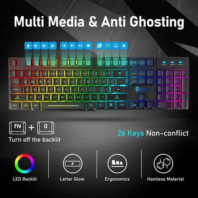 Alt view image 2 of 7 - Gaming Keyboard and Mouse Combo,RGB Rainbow Backlit Keyboard with PC Wired Keyboard+2400DPI 6 Buttons Rainbow LED Gaming Mouse+Mouse Pads for PC PS4 (Black)