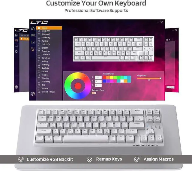 Alt view image 7 of 7 - LTC NB681 Nimbleback Wired 65% Mechanical Keyboard, RGB Backlit Ultra-Compact 68 Keys Gaming Keyboard with Hot-Swappable Switch and Stand-Alone Arrow/Control Keys (Blue Switch, White)