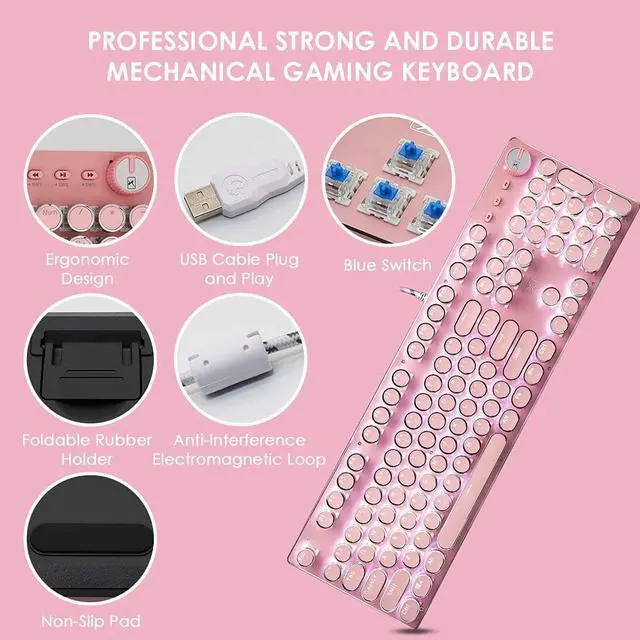 Alt view image 3 of 7 - Pink Typewriter Keyboard and Mouse,Retro Vintage Mechanical Gaming Keyboard with White LED Backlit,104 Keys Anti-Ghosting Blue Switch Wired Cute Keyboard,Round Keycaps for Desktop PC/Laptop Mac