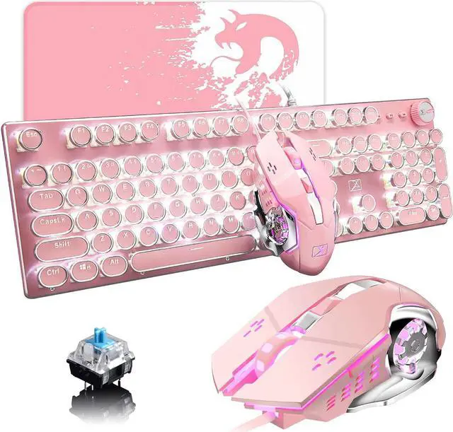 Main image of Pink Typewriter Keyboard and Mouse,Retro Vintage Mechanical Gaming Keyboard with White LED Backlit,104 Keys Anti-Ghosting Blue Switch Wired Cute Keyboard,Round Keycaps for Desktop PC/Laptop Mac