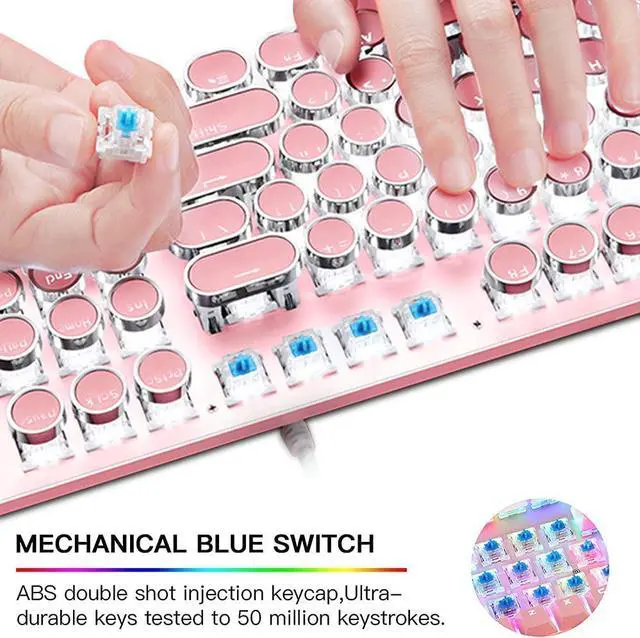 Alt view image 5 of 7 - Pink Typewriter Keyboard and Mouse,Retro Vintage Mechanical Gaming Keyboard with White LED Backlit,104 Keys Anti-Ghosting Blue Switch Wired Cute Keyboard,Round Keycaps for Desktop PC/Laptop Mac