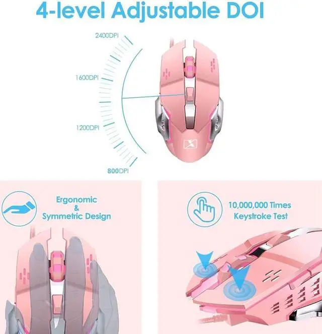 Alt view image 7 of 7 - Pink Typewriter Keyboard and Mouse,Retro Vintage Mechanical Gaming Keyboard with White LED Backlit,104 Keys Anti-Ghosting Blue Switch Wired Cute Keyboard,Round Keycaps for Desktop PC/Laptop Mac