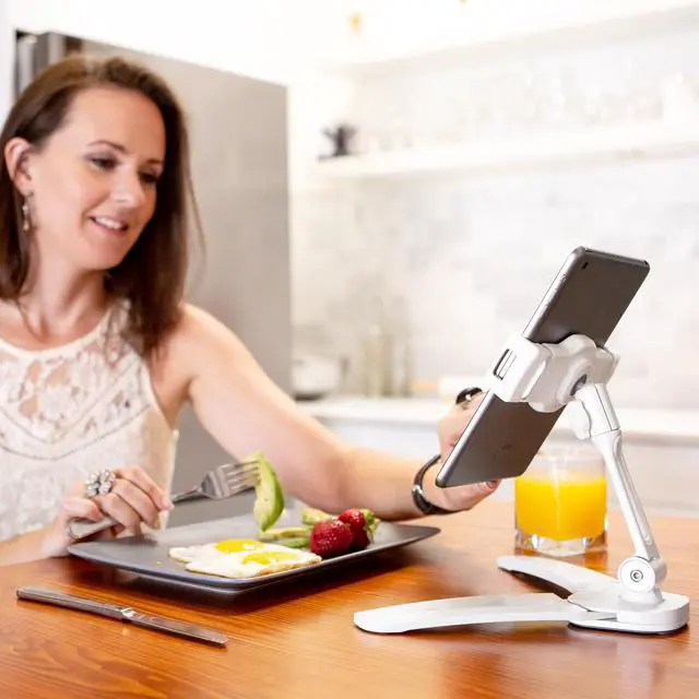 Alt view image 6 of 14 - Kanto DS150W Universal Smartphone and Tablet Stand | Wall and Under Cabinet Mounting Bracket | Foldable Design | White