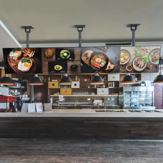 Alt view image 7 of 7 - Kanto MBC311T Digital Signage/Menu Board Ceiling Mount System with Tilting Arms for 40-Inch to 60-Inch TVs | 3 TVs Wide | Perfect Alignment