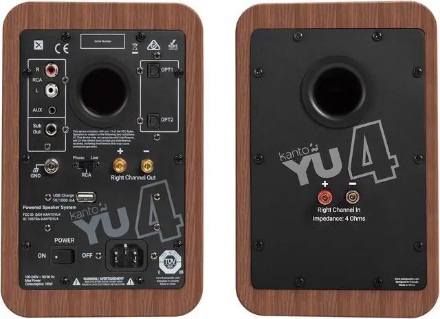 Alt view image 5 of 20 - Kanto YU4 Powered Bookshelf Speakers with Built-In Bluetooth, 1" Silk Dome Tweeter and 4" Kevlar Woofer - Pair (Walnut)