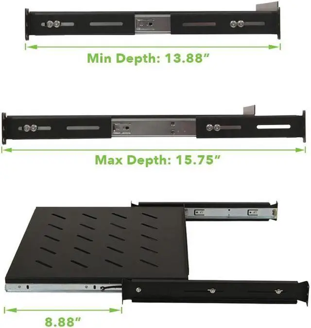 Alt view image 7 of 8 - Navepoint Sliding Rack Vented Server Shelf 1U 19" 4 Post Rack Mount 13.75" (350mm) Deep
