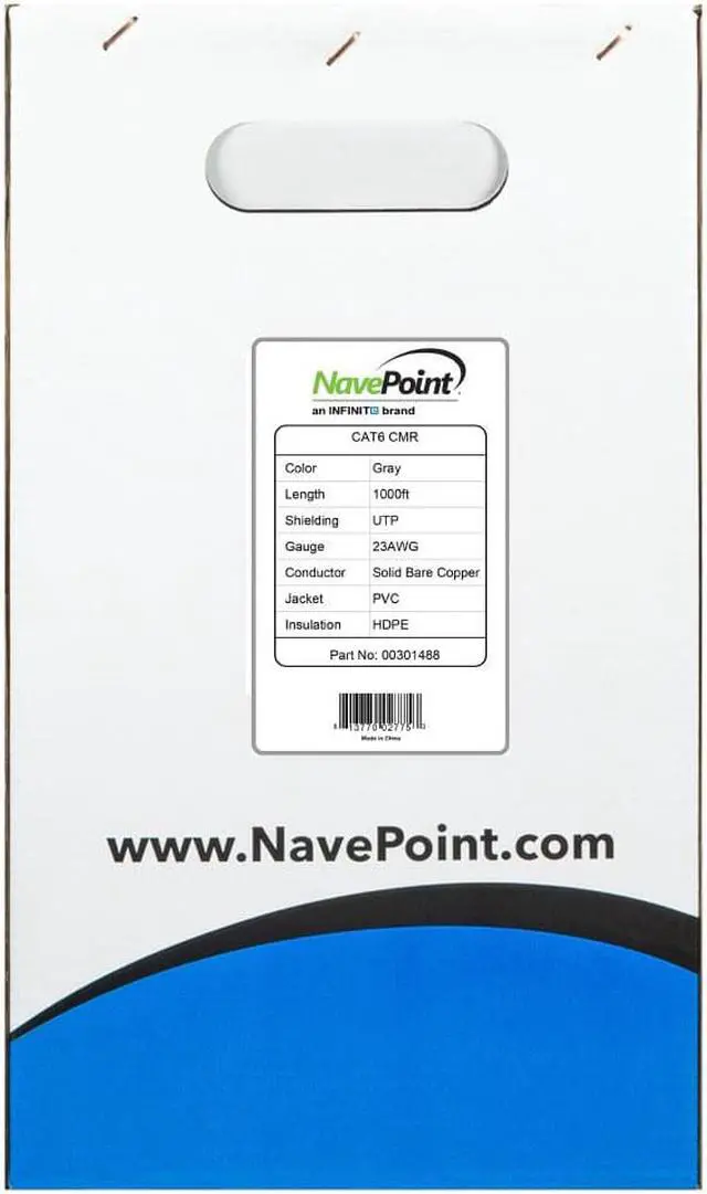 Alt view image 2 of 4 - NavePoint CAT6  Riser(CMR), 1000 Ft, Grey, Solid Solid Bare Copper Bulk Ethernet Cable, 250 MHz, 23AWG 4 pair, Unshield Twisted Pair (UTP)