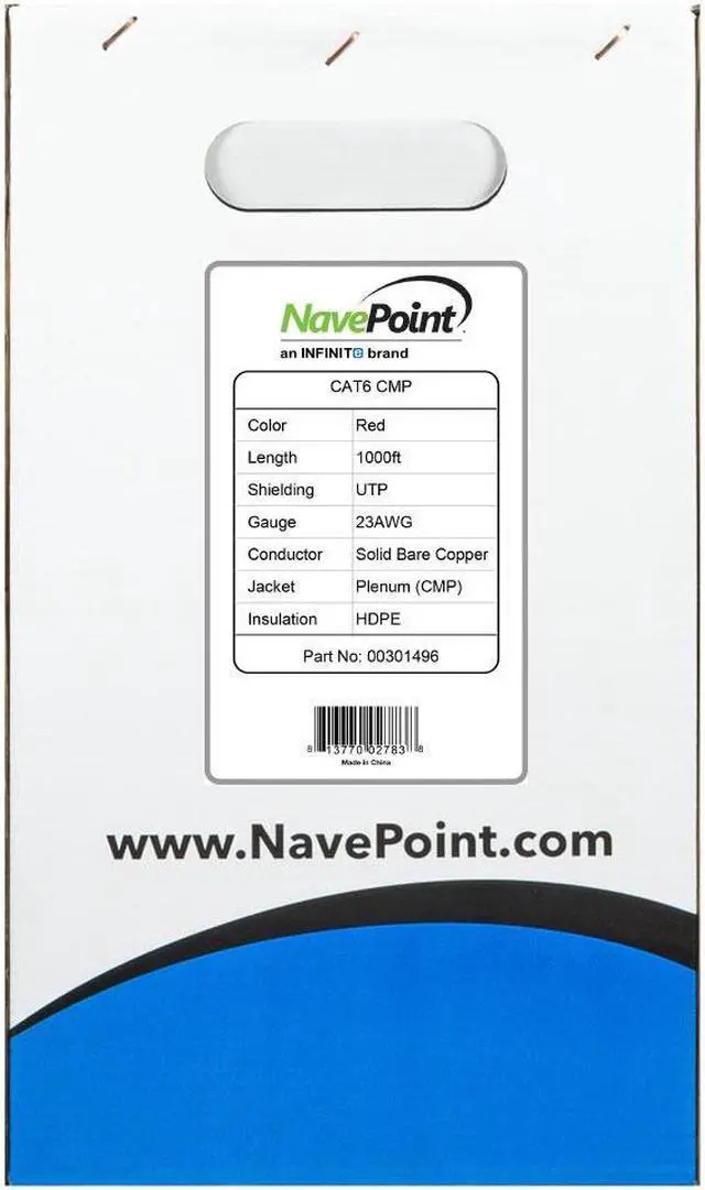 Alt view image 2 of 4 - NavePoint CAT6  Plenum(CMP), 1000 Ft, Red, Solid Solid Bare Copper Bulk Ethernet Cable, 250 MHz, 23AWG 4 pair, Unshield Twisted Pair (UTP)