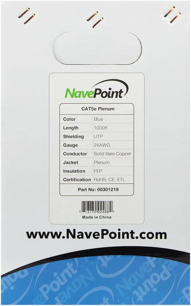 Alt view image 2 of 4 - NavePoint Cat5e Plenum (CMP), 1000ft, Blue, Solid Bare Copper Bulk Ethernet Cable, 350MHz, 24AWG 4 Pair, Unshielded Twisted Pair (UTP)