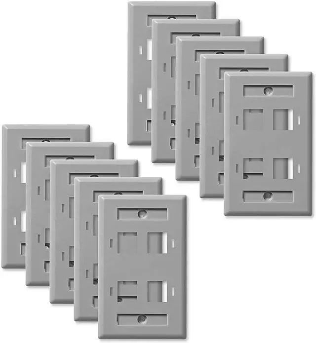 Alt view image 3 of 4 - NavePoint Keystone Jack Wall Plate 4-Port, Low Profile, Single Gang, Gray, 10-Pack