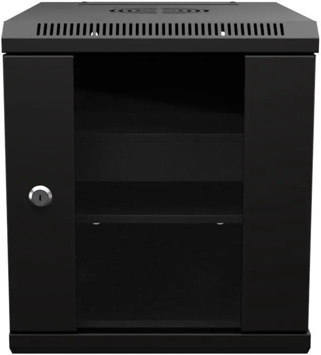 Main image of NavePoint 6U 10 Inch Network Server Cabinet, 15.75 inch Deep, Glass Door, Black, Wall Mountable, 2 x Shelves, 1 x Blank Panel