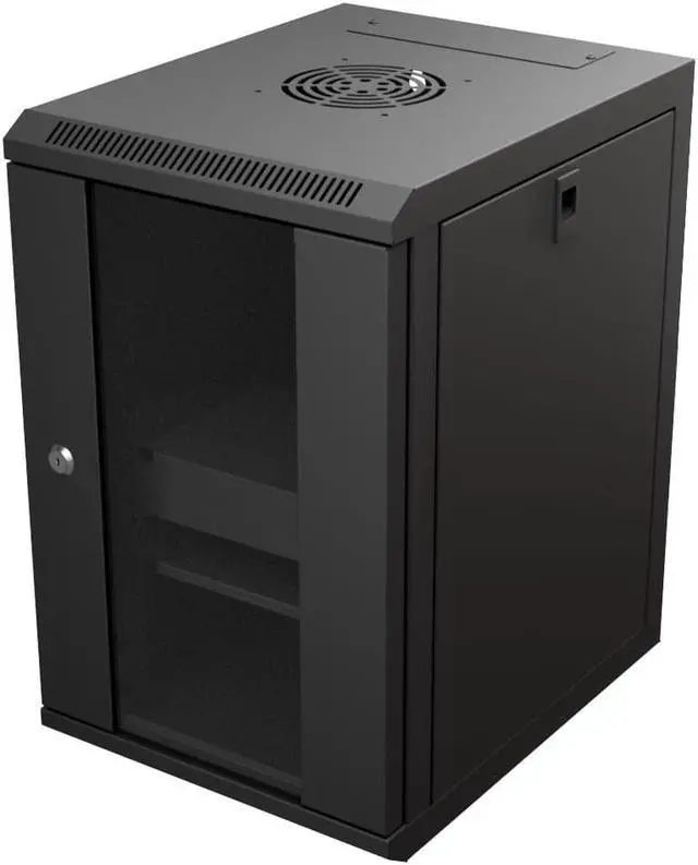 Alt view image 2 of 4 - NavePoint 9U 10 Inch Network Server Cabinet, 15.75 inch Deep, Glass Door, Black, Wall Mountable, 2 x Shelves, 1 x Blank Panel
