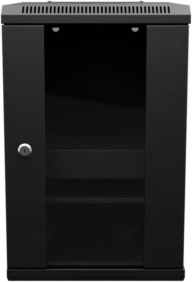 Main image of NavePoint 9U 10 Inch Network Server Cabinet, 15.75 inch Deep, Glass Door, Black, Wall Mountable, 2 x Shelves, 1 x Blank Panel