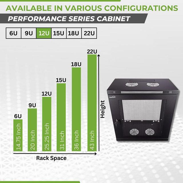 Alt view image 3 of 4 - NavePoint 12U Wall Mount Rack 13" Deep, Patch Panel Depth, Slim Enclosure, Perforated Cabinet Door Lock Black
