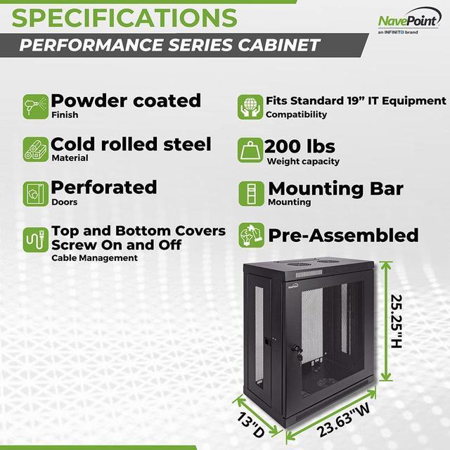 Alt view image 4 of 4 - NavePoint 12U Wall Mount Rack 13" Deep, Patch Panel Depth, Slim Enclosure, Perforated Cabinet Door Lock Black