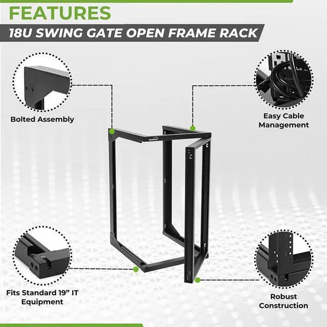 Alt view image 2 of 4 - NavePoint 18U Wall Mount Open Frame Network Rack, Swing Out Hinged Gate,18 Inch Depth,  Holds Network Servers and AV Equipment, Easy Rear Access to Equipment, Gate Opens 180 Degrees from Either Side