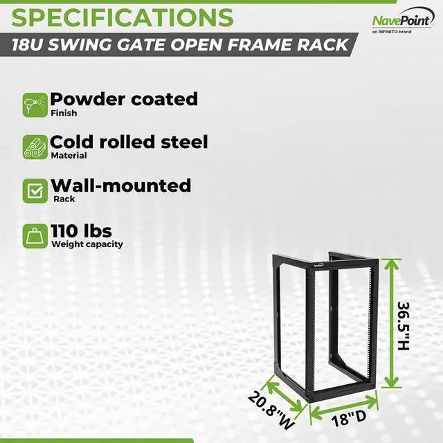 Alt view image 4 of 4 - NavePoint 18U Wall Mount Open Frame Network Rack, Swing Out Hinged Gate,18 Inch Depth,  Holds Network Servers and AV Equipment, Easy Rear Access to Equipment, Gate Opens 180 Degrees from Either Side
