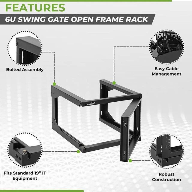 Alt view image 2 of 4 - NavePoint 6U Wall Mount Open Frame Network Rack, Swing Out Hinged Gate,24 Inch Depth, Holds Network Servers and AV Equipment, Easy Rear Access to Equipment, Gate Opens 180 Degrees from Either Side