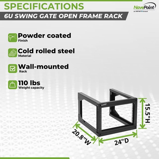 Alt view image 4 of 4 - NavePoint 6U Wall Mount Open Frame Network Rack, Swing Out Hinged Gate,24 Inch Depth, Holds Network Servers and AV Equipment, Easy Rear Access to Equipment, Gate Opens 180 Degrees from Either Side