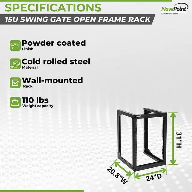 Alt view image 4 of 4 - NavePoint 15U Wall Mount Open Frame Network Rack, Swing Out Hinged Gate,24 Inch Depth,  Holds Network Servers and AV Equipment, Easy Rear Access to Equipment, Gate Opens 180 Degrees from Either Side