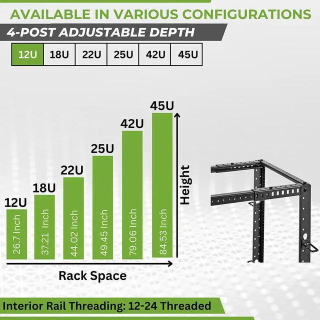 Alt view image 3 of 4 - NavePoint 12U 4-Post Open Frame Server Rack, 19-Inch Adjustable Depth 22" to 40", Network Rack, Includes Cable Management and Casters, (12-24 Threaded),Black