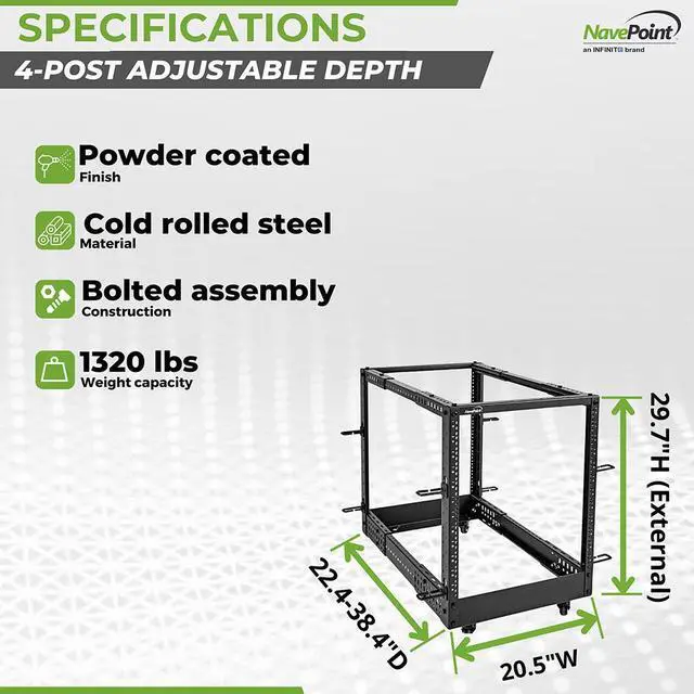 Alt view image 4 of 4 - NavePoint 12U 4-Post Open Frame Server Rack, 19-Inch Adjustable Depth 22" to 40", Network Rack, Includes Cable Management and Casters, (12-24 Threaded),Black