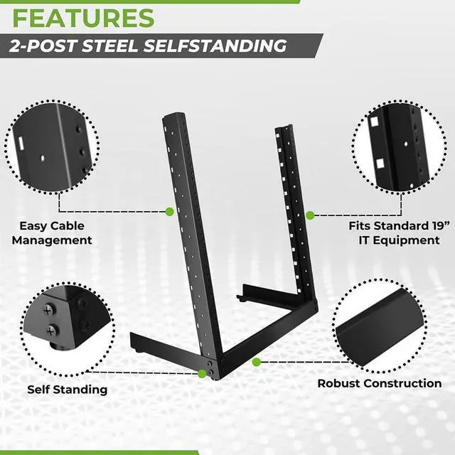 Alt view image 2 of 4 - NavePoint 12U 2-Post Open Frame Desk Rack Threaded