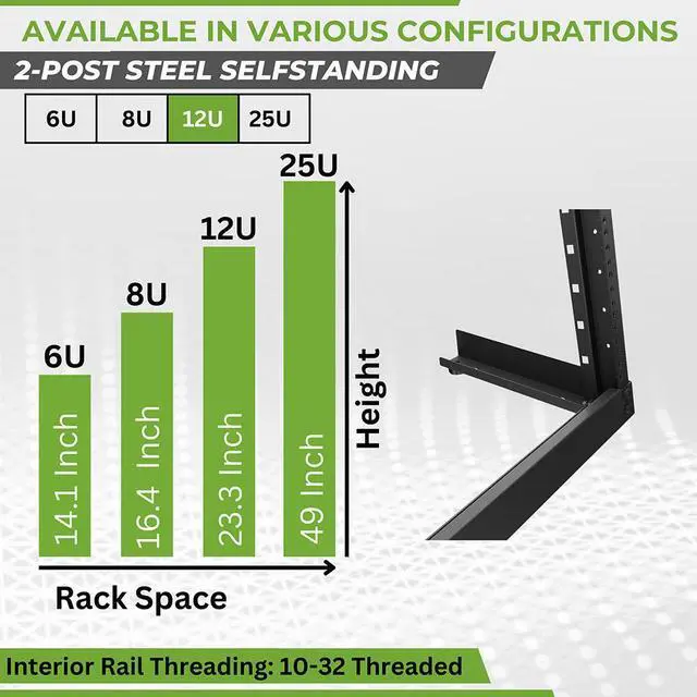Alt view image 3 of 4 - NavePoint 12U 2-Post Open Frame Desk Rack Threaded