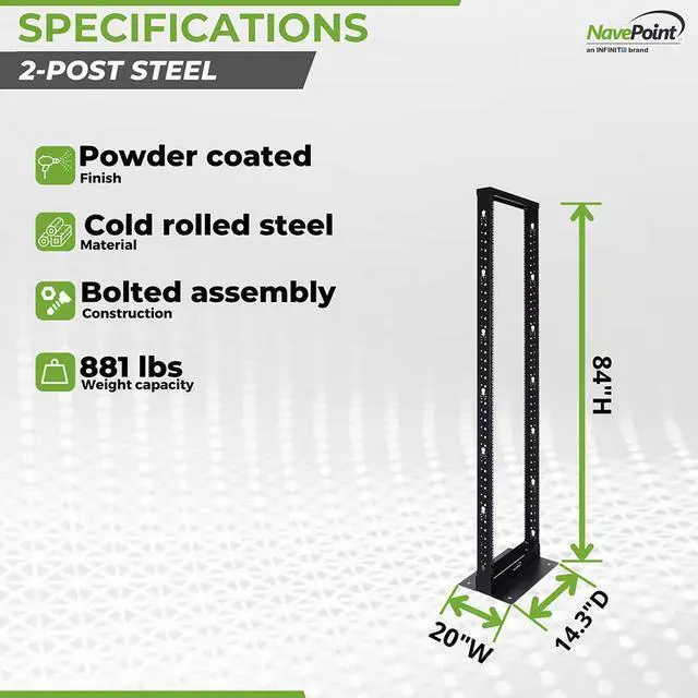Alt view image 4 of 4 - Navepoint 45U Professional 2-Post IT Open Frame Server Network Relay Rack 7 Feet Tall Black
