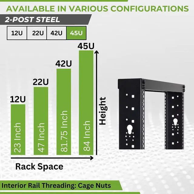 Alt view image 3 of 4 - Navepoint 45U Professional 2-Post IT Open Frame Server Network Relay Rack 7 Feet Tall Black