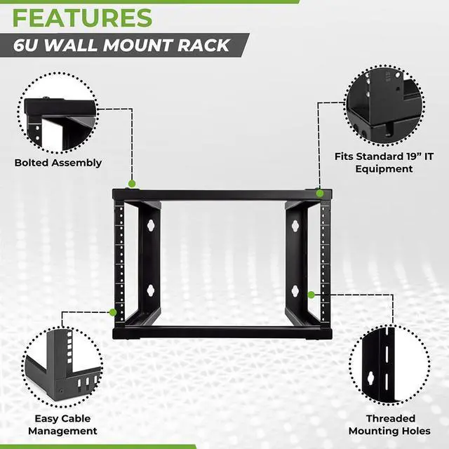Alt view image 2 of 4 - NavePoint 6U Wall Mount Open Frame 19" Server Equipment Rack Threaded 16 inch depth Black