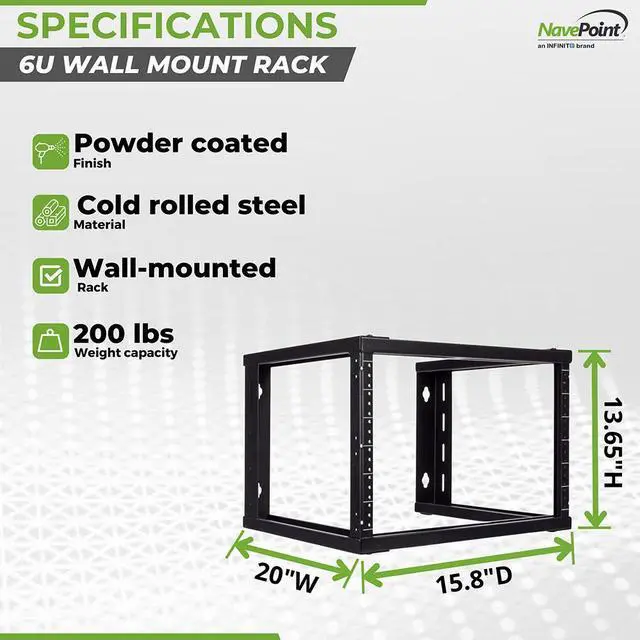 Alt view image 4 of 4 - NavePoint 6U Wall Mount Open Frame 19" Server Equipment Rack Threaded 16 inch depth Black