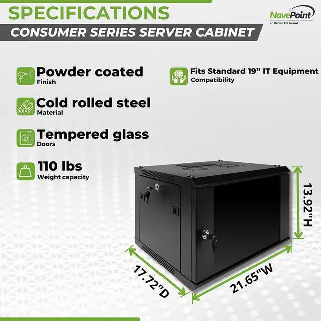 Alt view image 4 of 4 - NavePoint 6U Wall Mount  Consumer Series Server Cabinet Network Enclosure Locks, Fan