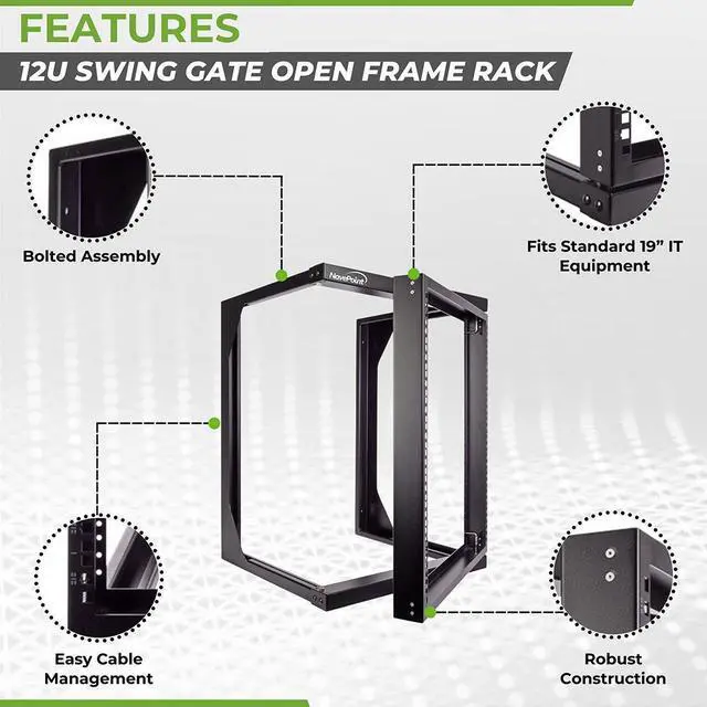 Alt view image 2 of 4 - NavePoint 12U Wall Mount IT Open Frame 19" Rack with Swing Out Hinged Gate Black
