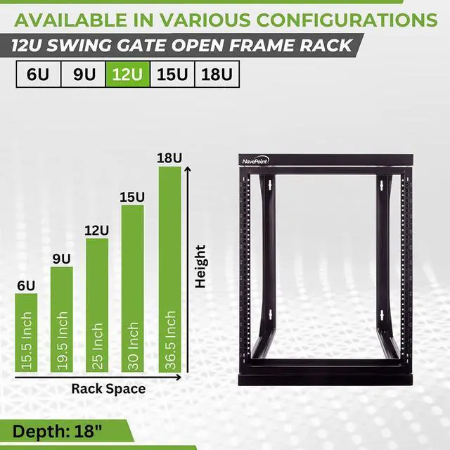 Alt view image 3 of 4 - NavePoint 12U Wall Mount IT Open Frame 19" Rack with Swing Out Hinged Gate Black