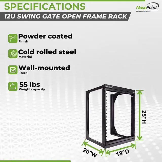 Alt view image 4 of 4 - NavePoint 12U Wall Mount IT Open Frame 19" Rack with Swing Out Hinged Gate Black