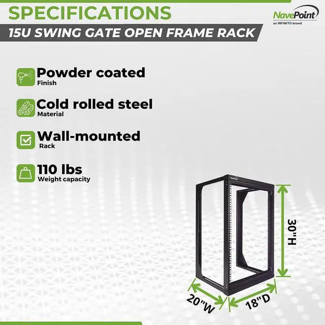 Alt view image 4 of 4 - NavePoint 15U Wall Mount IT Open Frame 19" Rack with Swing Out Hinged Gate Black