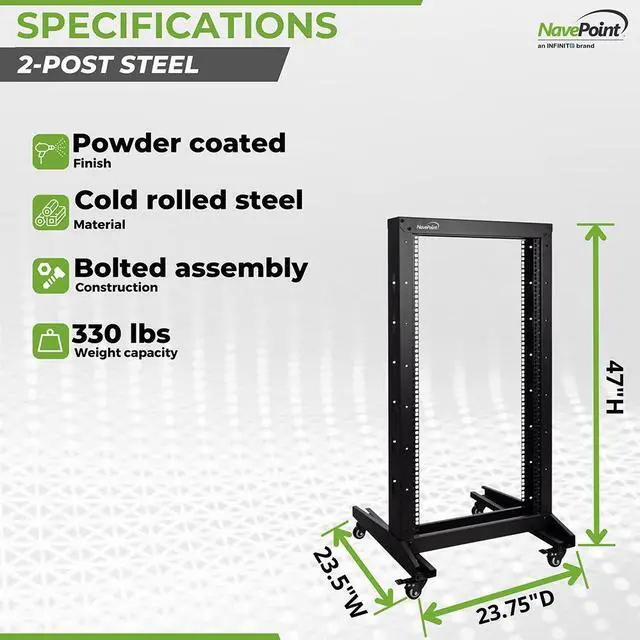 Alt view image 4 of 4 - NavePoint 4ft Open Frame 19" 22U 2-Post Network Server Relay Rack Rolling with Casters