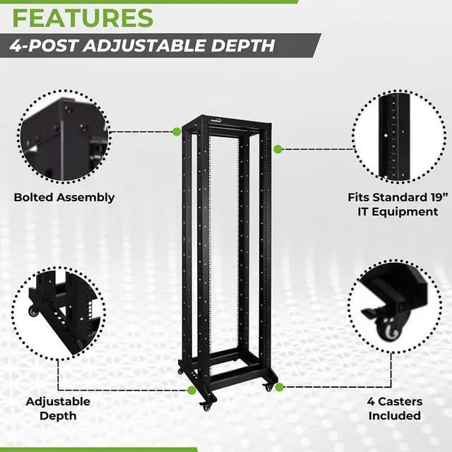 Alt view image 2 of 4 - NavePoint 7ft Open Frame 19" 42U 4-Post Network Server Relay Rack Rolling with Casters