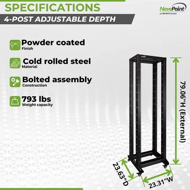Alt view image 4 of 4 - NavePoint 7ft Open Frame 19" 42U 4-Post Network Server Relay Rack Rolling with Casters
