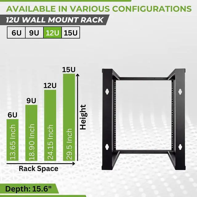 Alt view image 3 of 4 - NavePoint 12U Wall Mount Open Frame 19" Server Equipment Rack Threaded 16 inch depth Black