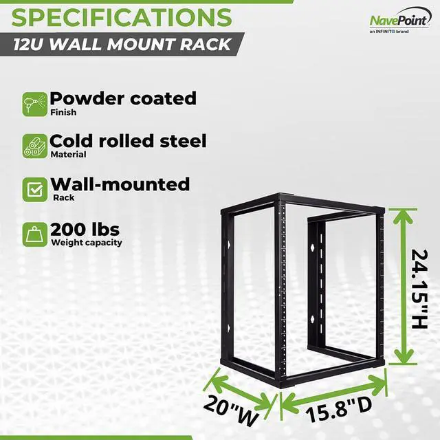 Alt view image 4 of 4 - NavePoint 12U Wall Mount Open Frame 19" Server Equipment Rack Threaded 16 inch depth Black