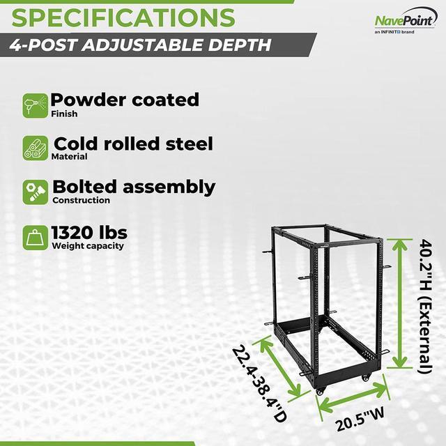 Alt view image 4 of 4 - NavePoint 18U 4-Post Open Frame Server Rack, 19-Inch Adjustable Depth 22" to 40", Network Rack, Includes Cable Management and Casters, (12-24 Threaded),Black