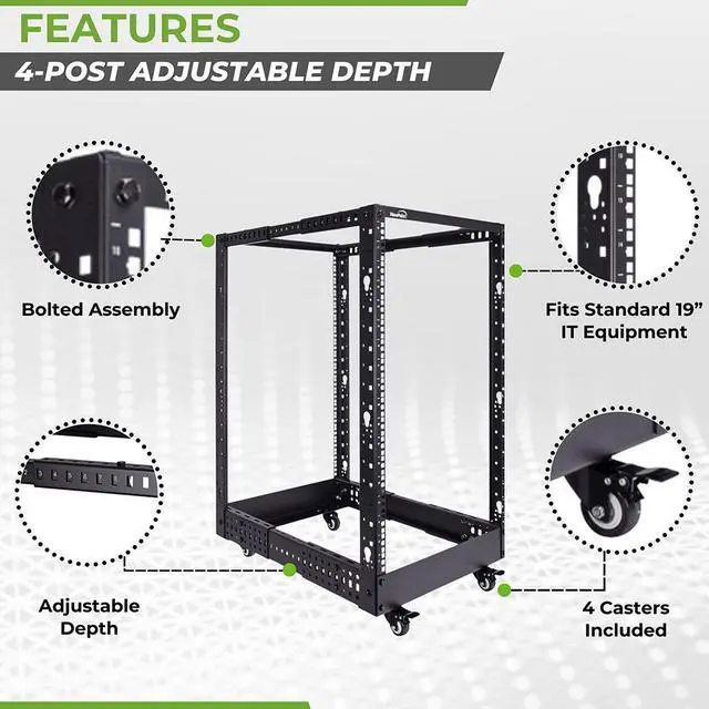 Alt view image 2 of 4 - Navepoint 18U Professional 4-Post IT Open Frame Server Network Relay Rack Black