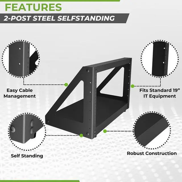 Alt view image 2 of 4 - NavePoint 6U 2-Post Open Frame Desk Rack Threaded Heavy Duty